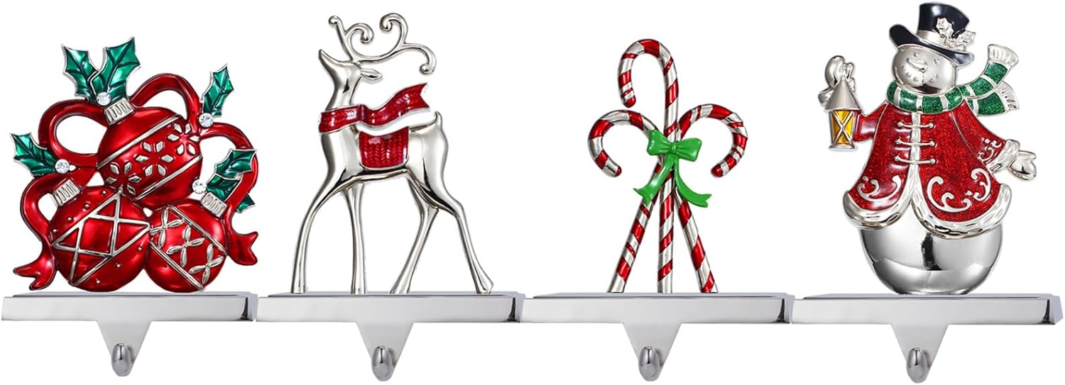 Christmas Stocking Holders for Mantle Set of 4,Deer Candy Cane Bell