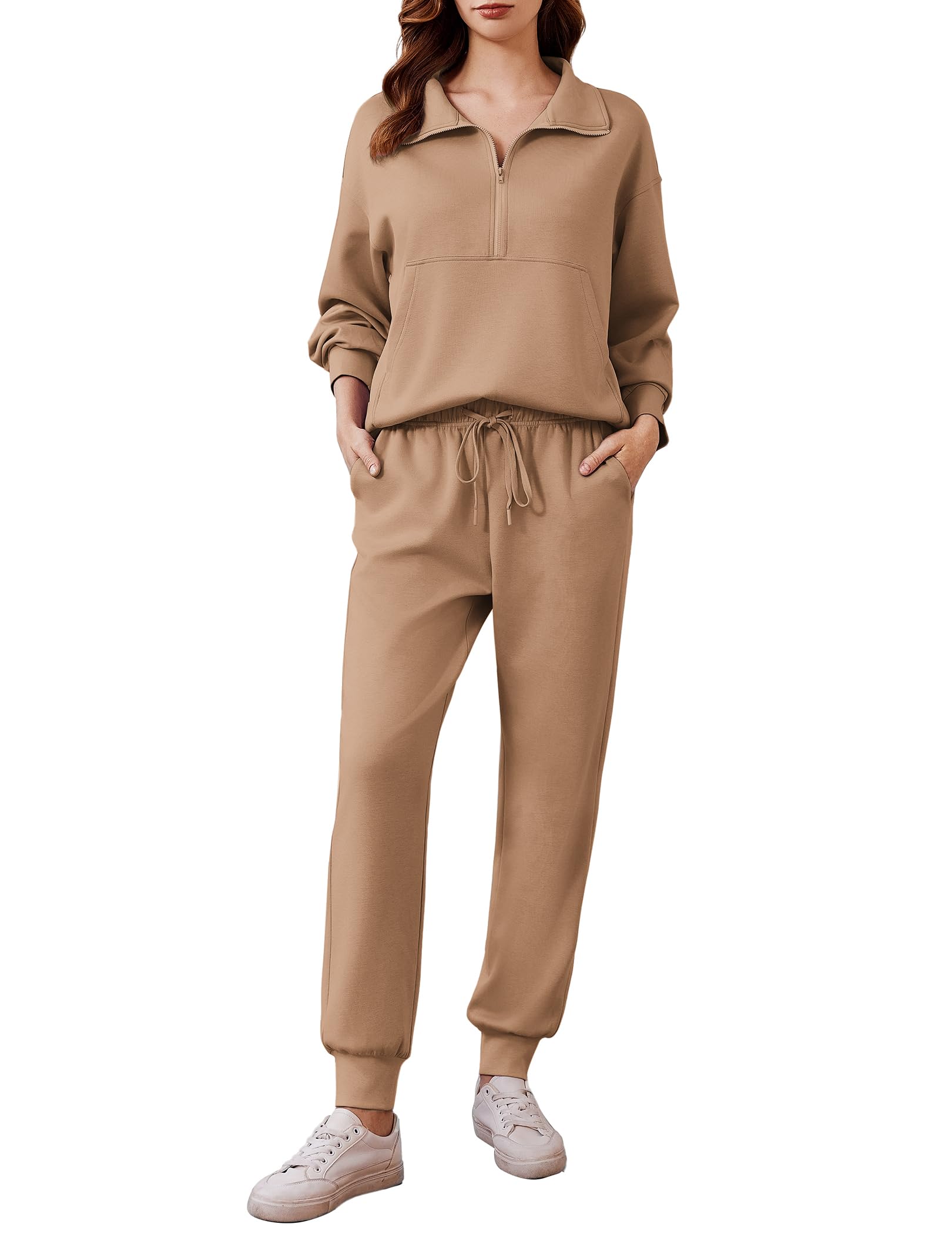 PINSPARK 2 Piece Sets for Women Long Sleeve Half Zip Tracksuit Jogger Sets | 2026 Fall Travel Outfits Lounge Set, Lightweight Soft Air Layer Fabric, Kangaroo Pocket Sweatshirt, Drawstring Joggers Pants