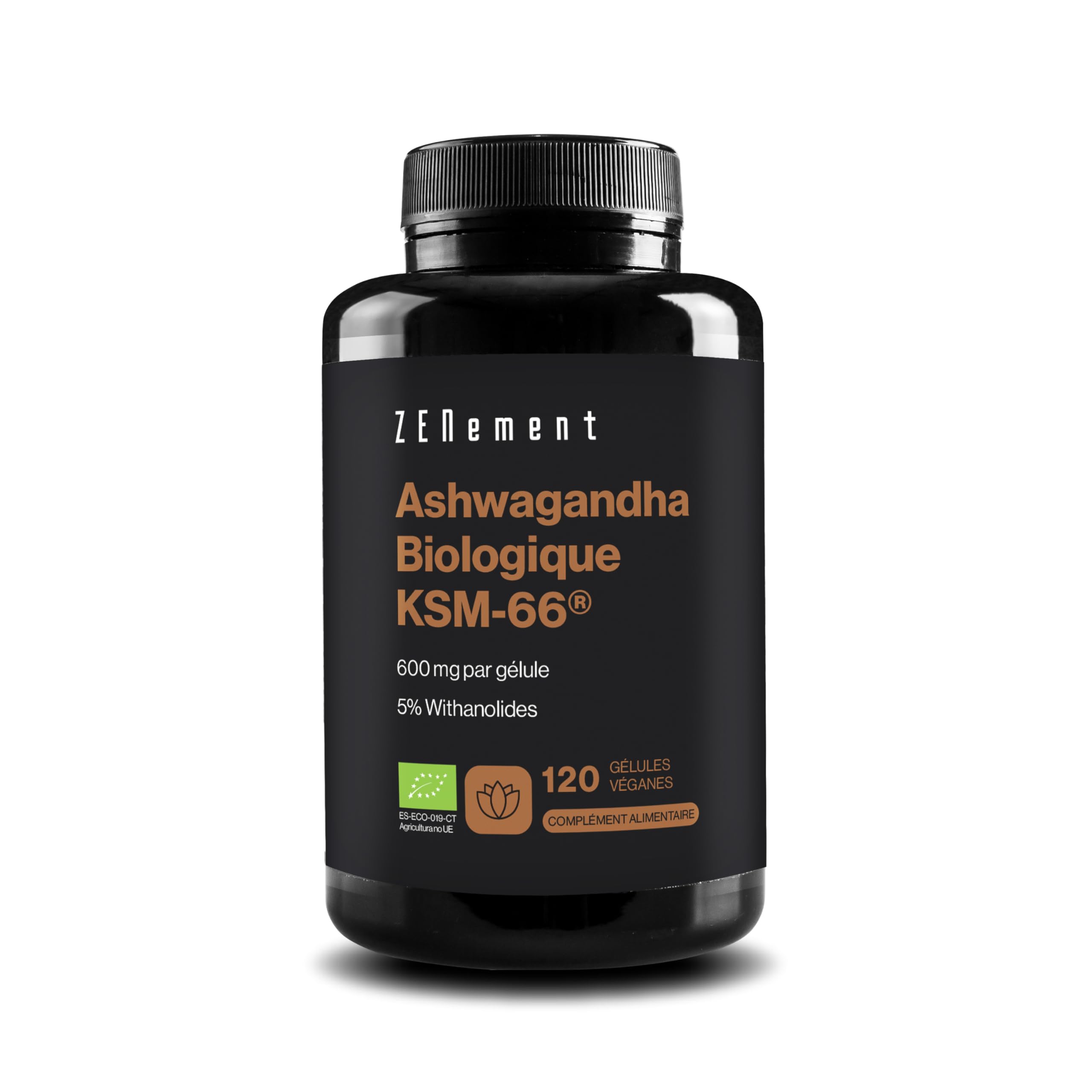 Ashwagandha KSM-66 Bio - 600mg par Gélule - Extrait de Racine avec 5% de Withanolides - Formule Végane Sans Additifs - 120 Gélules - Cure de 4 Mois - Zenement