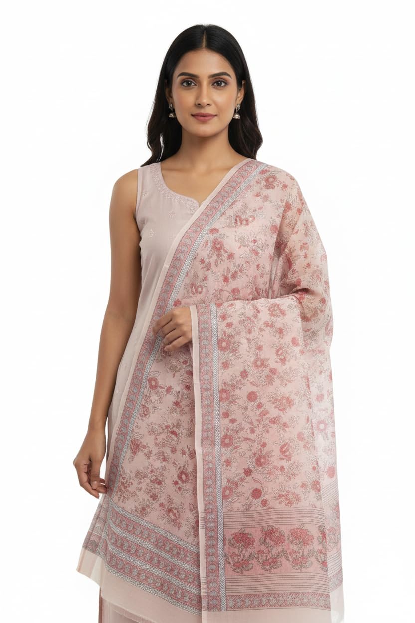india scarves Blush Pink Mul Cotton Dupatta | Sanganeri Rose Floral Jaal Block Print | 250x120cm – ISYVSK-A22-picture-41