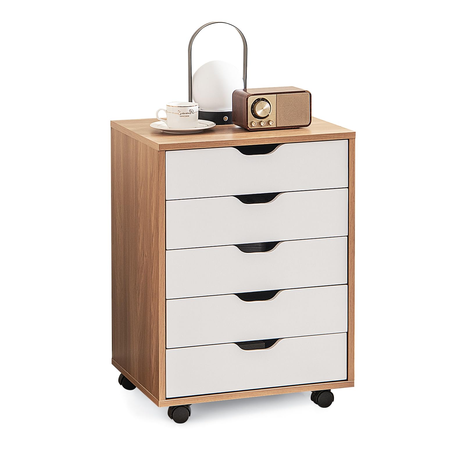 KOMFOTTEU Cassettiera Ufficio con 5 Cassetti, Cassettiera Scrivania con Ruote Universali, Schedario Portadocumenti in Legno per Soggiorno, Camera da Letto, Studio, 49 x 42 x 66 cm (Naturale)