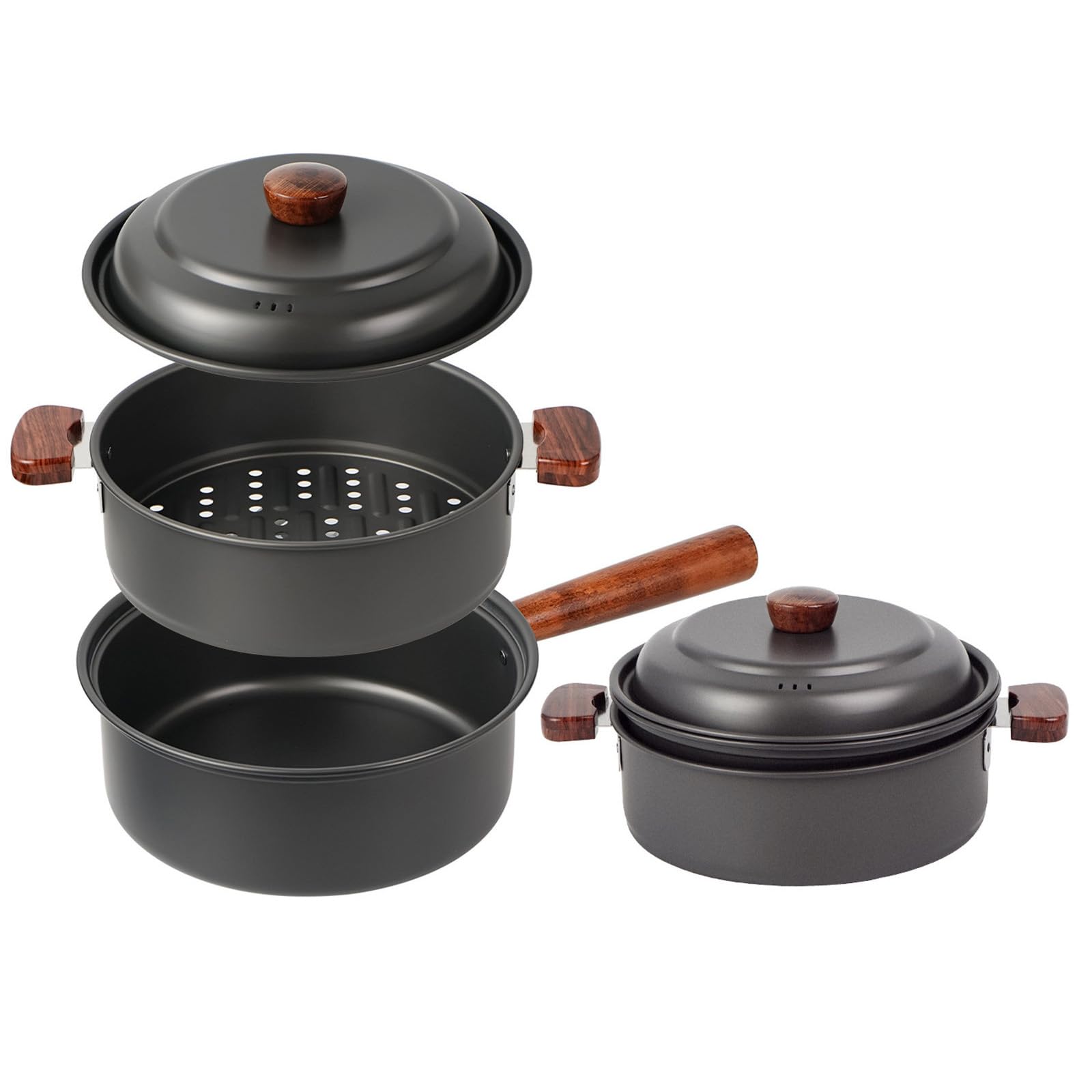Multifunktionale Camping Kochtöpfe, Kochgeschirr mit ergonomischem Holzgriff, tragbare Outdoor Kochutensilien, langlebige Outdoor Kochutensilien