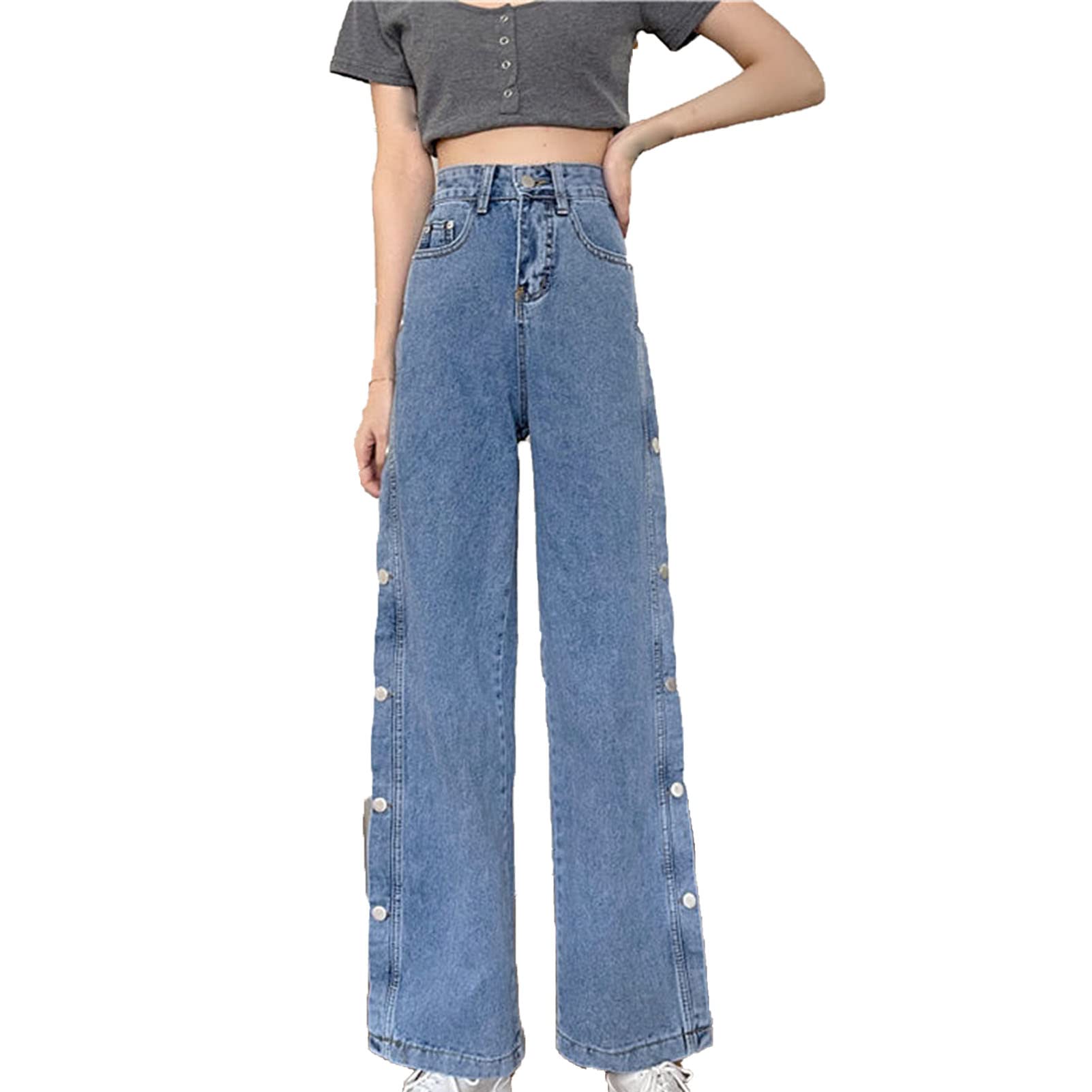 Women's Button Denim Pants High Waist Straight Leg Jeans