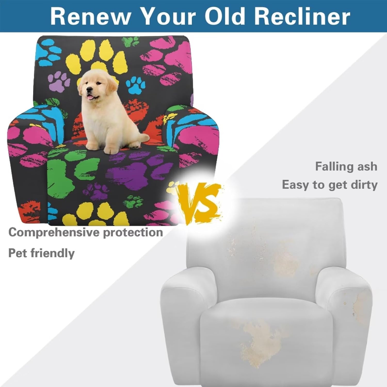 Colorful Dog Paw Print 4 Pieces Stretch Recliner Covers, Easy to Install Recliner Sofa Slipcover, Fitted Non Slip Reclining Slipcovers for Pets Kids, Soft Lazy Boy Chair Covers