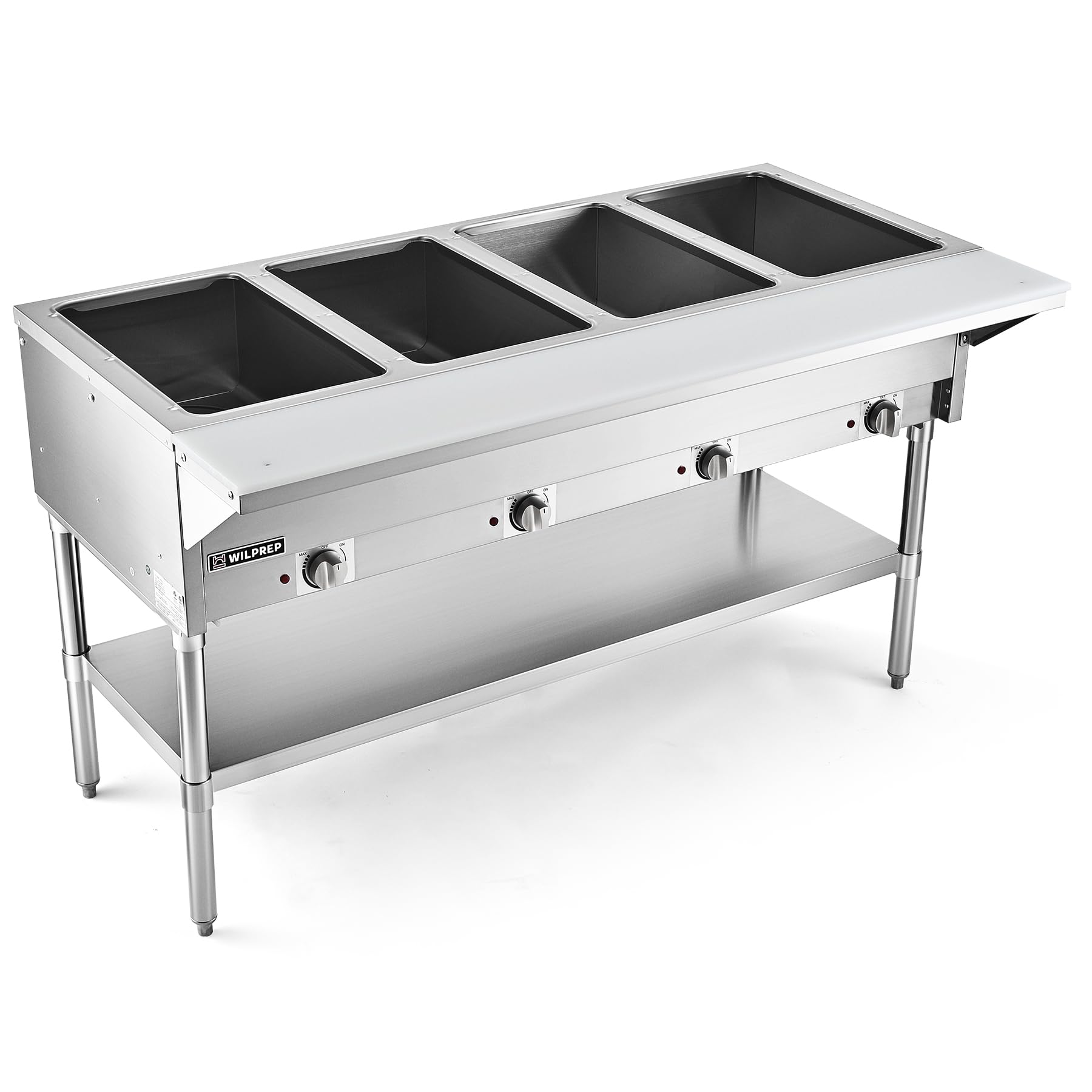 wilprep 4 well commercial food warmer 2000w electric steam table with 834 cutting board amp storage shelf 5834 stainless steel steam table food warmer with knob control for catering buffets restaurants