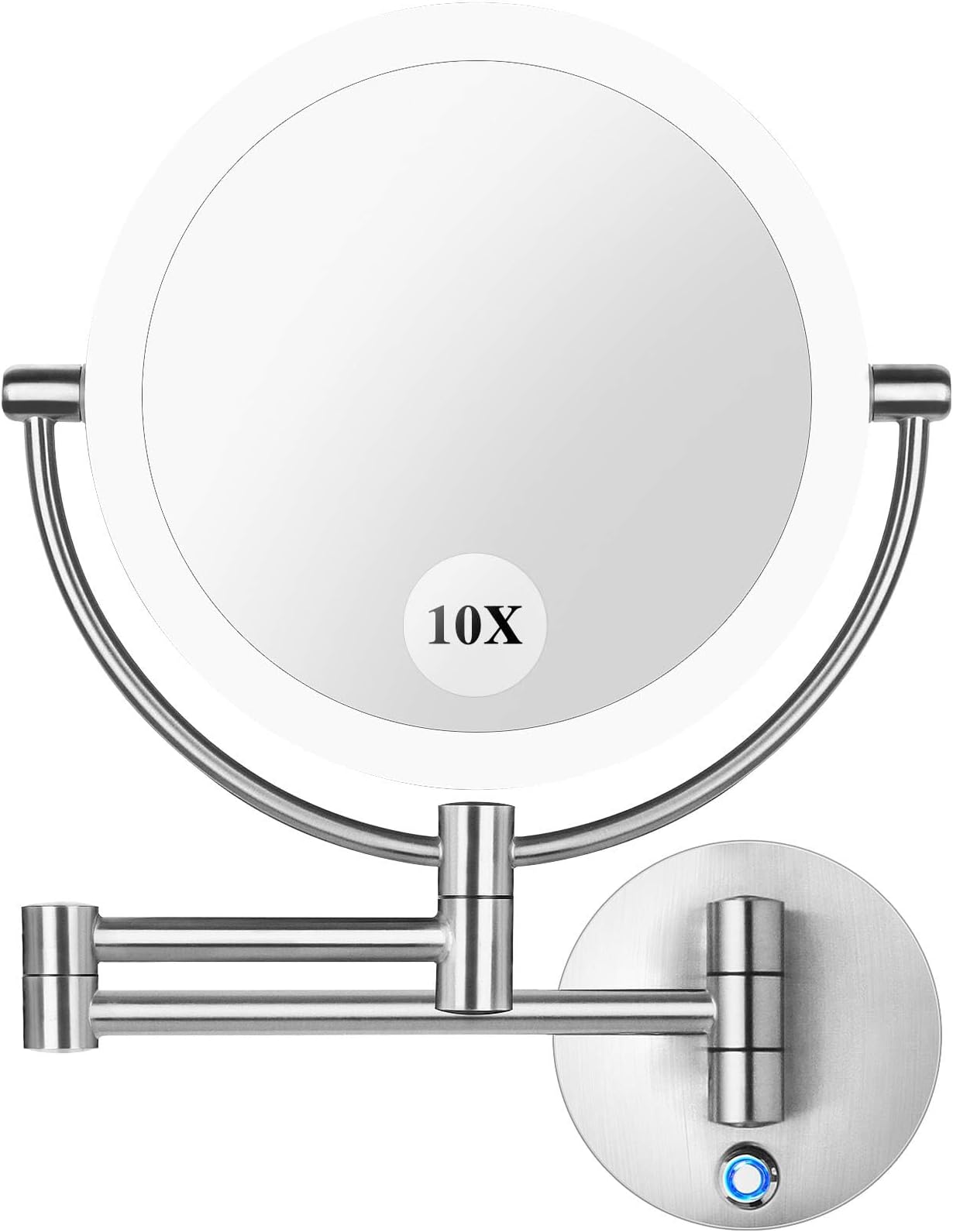 Vanity Mirror 8.5" LED Double Sided Swivel Wall Mount Makeup Mirror with 10x Magnification,13.7" Extension,Touch Button Adjustable Light,Suitable for Bedroom or Bathroom