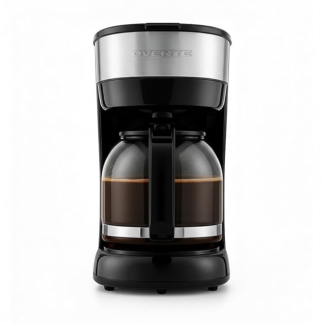 OVENTE 12-Cup Drip Coffee Maker with Borosilicate Glass Carafe One-Touch Operation Machine Anti-Drip System Reusable Filter and Clear