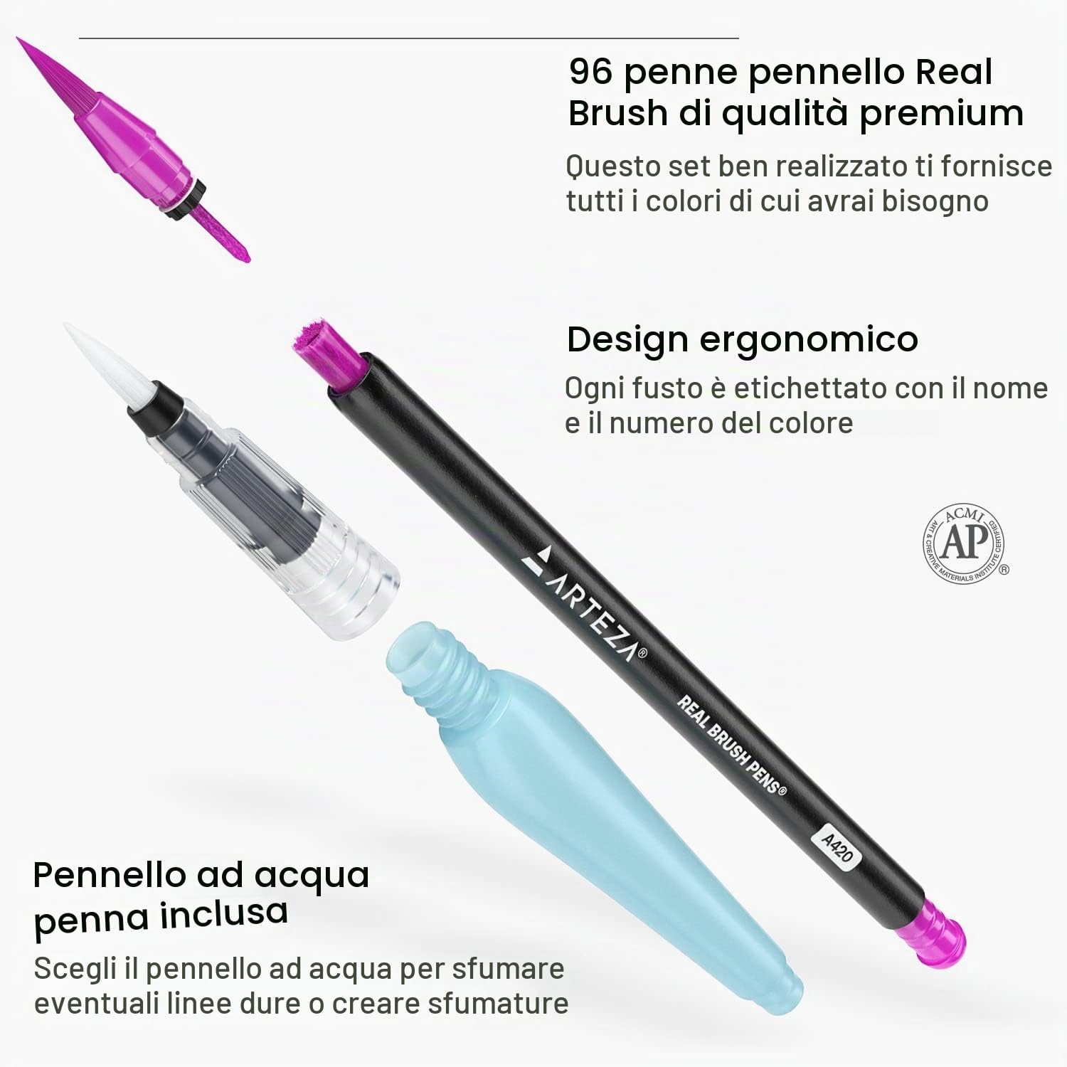 ARTEZA Pennarelli Acquerello Professionali, Punta Flessibile Morbida a Pennello, Set da 96 Colori Acquerellabili, Ideale da Viaggio