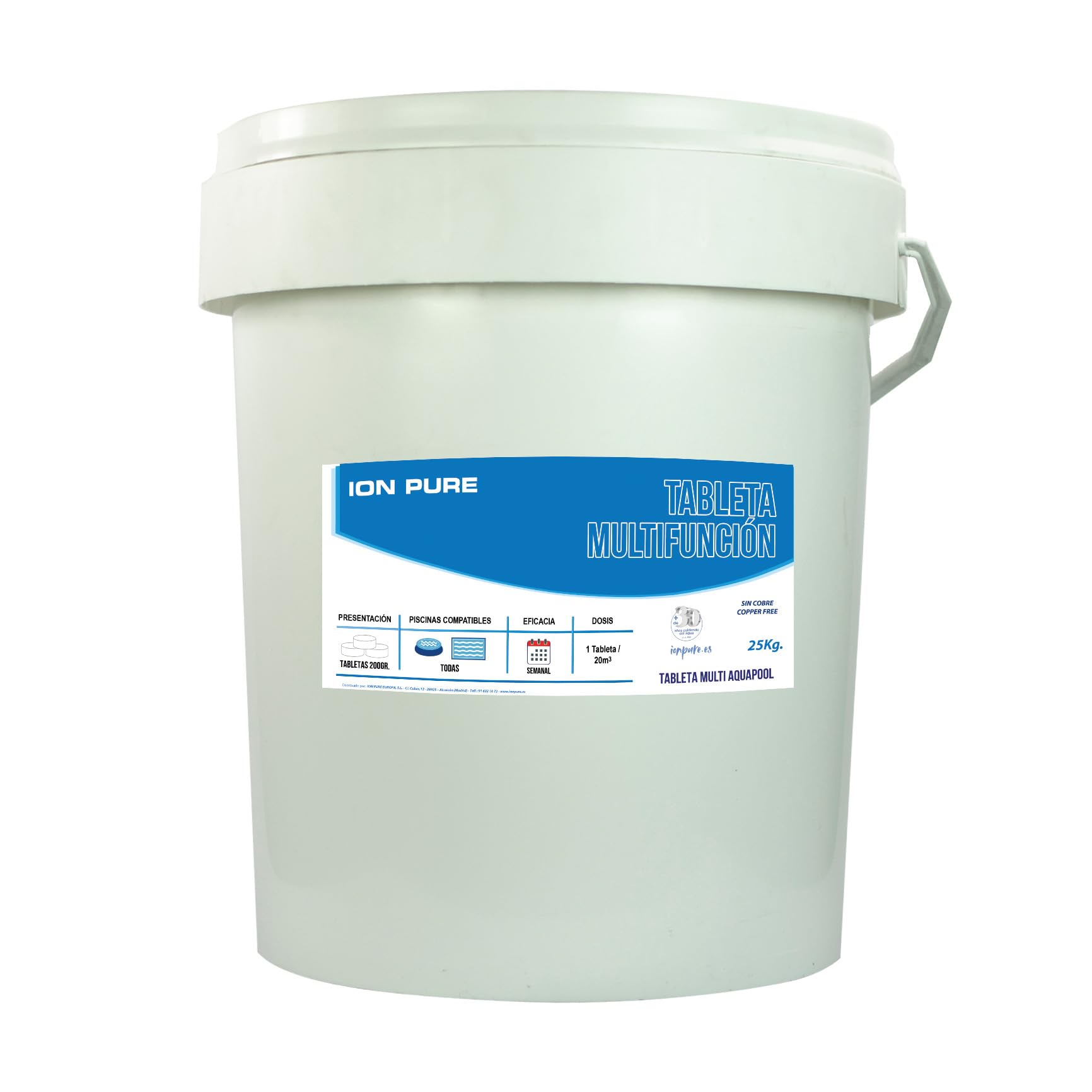 Cloro 5 ACCIONES Ion Pure (25 KG) - Pastillas de Cloro multifunción - Disolución Lenta - Apto Piscinas Liner