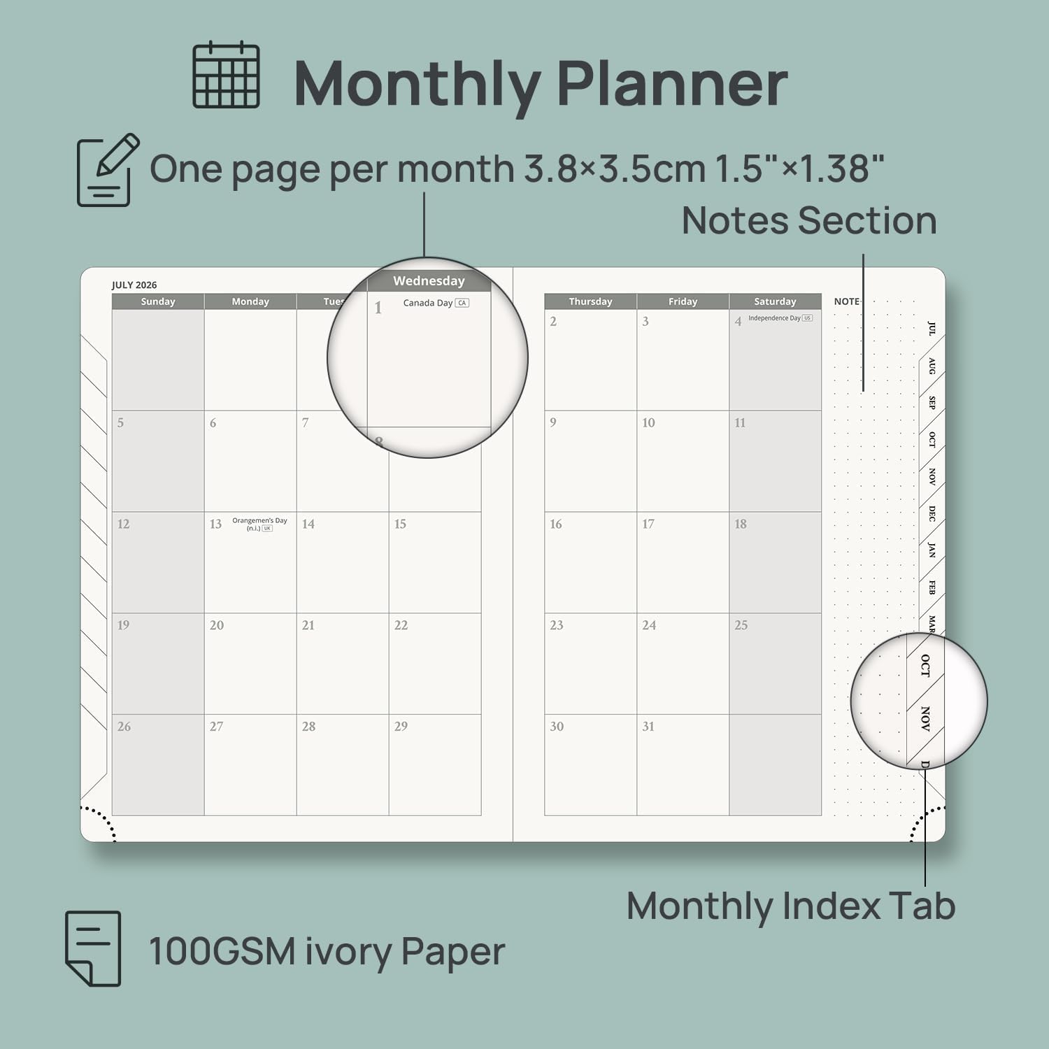 POPRUN Planner 2026-2027 (Medium 6.75"x 8.75"), Horizontal Weekly Notebook Jul.2026 - Jun.2027, Academic Appointment Book with Monthly Tabs, Leather Hardcover, 100 GSM - Aquamarine