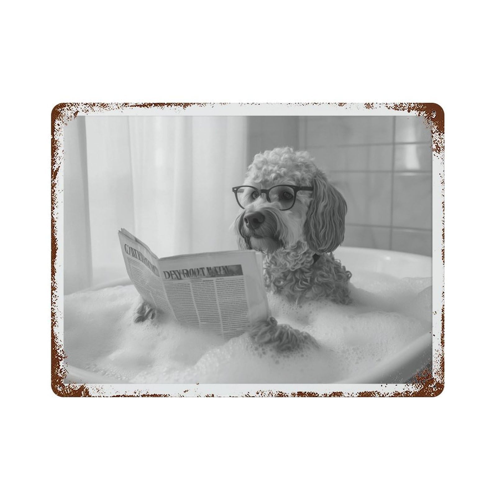 xiaoxiaoshen Labradoodle in Bathtub Dog Reading Newspaper, Funny Bathroom Decor Wall Decor Art Metal Tin Poster Modern Home Decor Art Home Bar Shop Decorations Vintage Sign 30x40cm