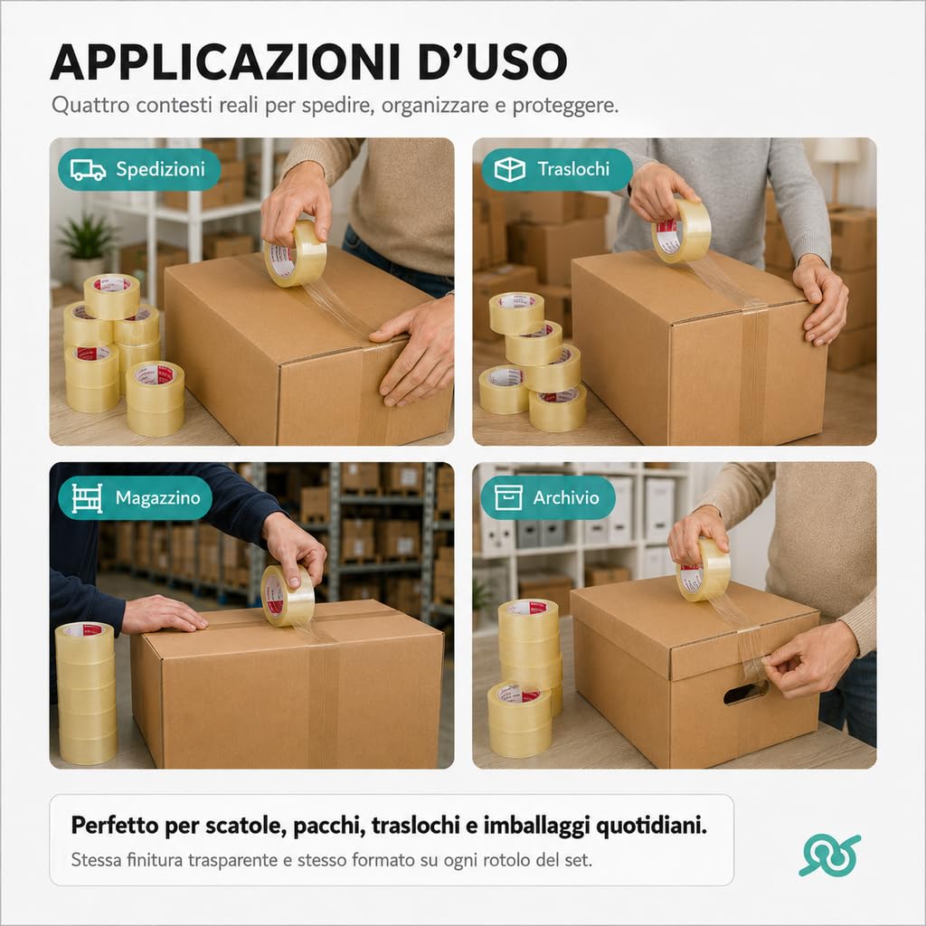 tempo di saldi Nastro Adesivo 36 Rotoli, 6 Confezioni da 6 Pezzi, Imballaggio per Pacchi e Spedizioni per Cartoni, Trasloco, Ufficio e Magazzino
