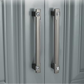 2Pcs Furniture Door Pull Handles,Modern Cupboard Bow Pulls,Rhinestone Drawer Pull Knobs,Solid Kitchen Cabinet Handles,Zinc Alloy Material,Black-Holedistance192mm