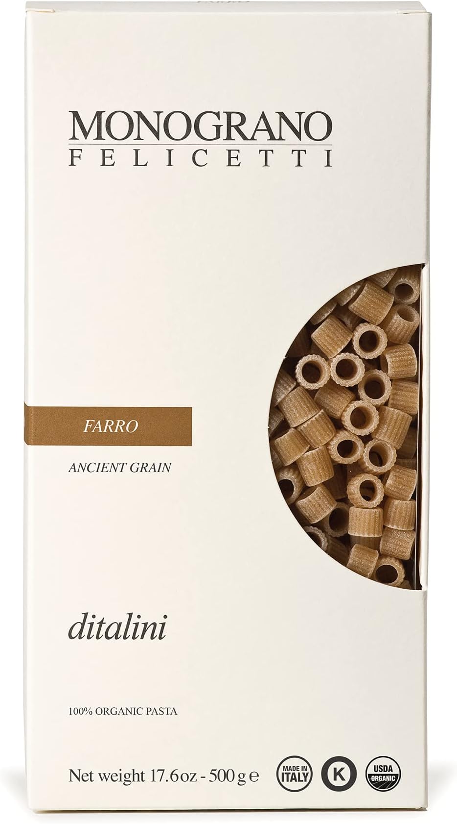 Monograno Felicetti Farro Ditalini Pasta Italian Organic Non-GMO 17.6oz (500g)