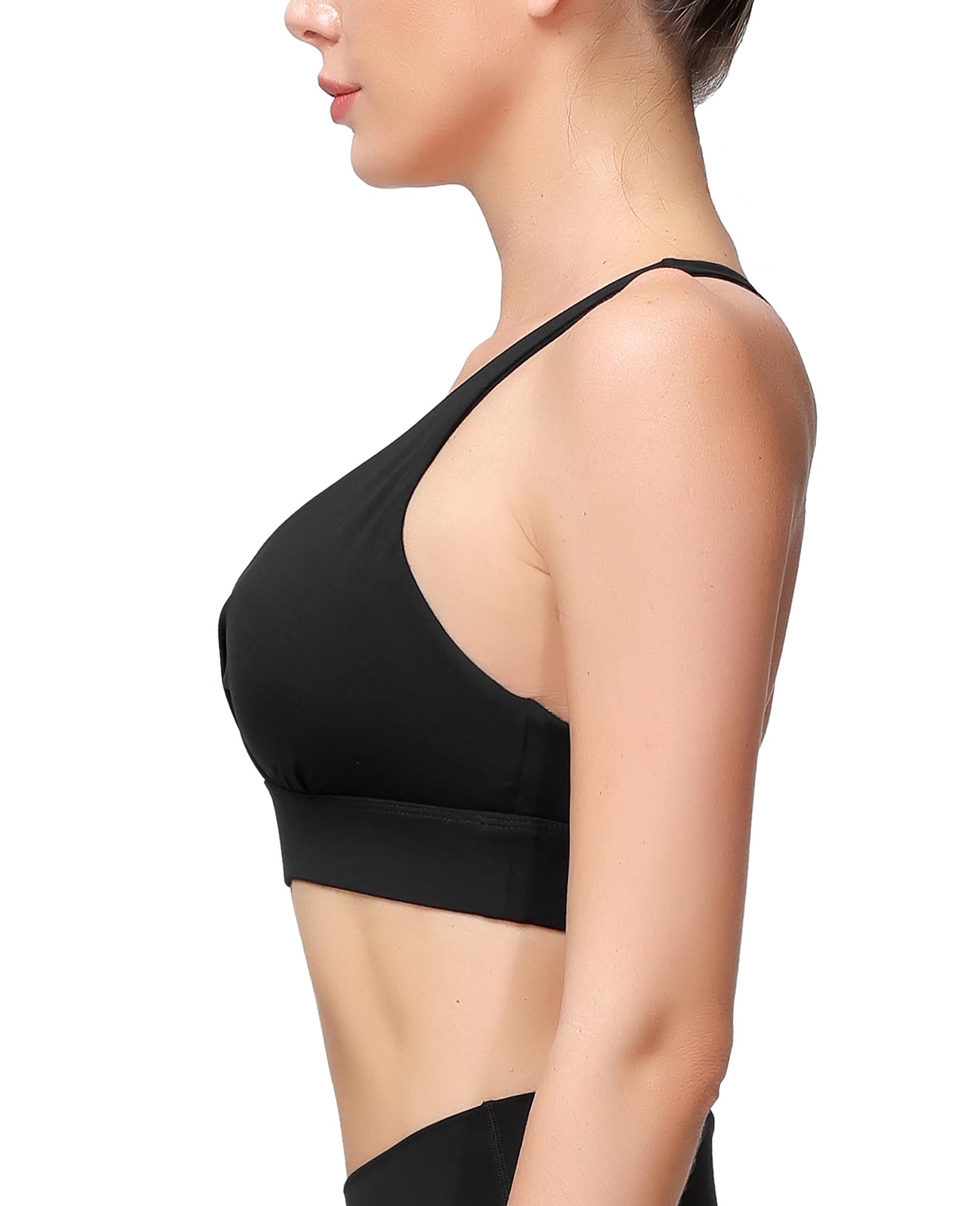 MotoRun Brasier deportivo con espalda cruzada para mujer, sexy, parte delantera cruzada, acolchado, gimnasio, correr, yoga, negro, Medium