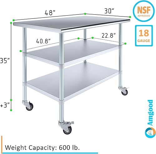 Miniatura 3 de AmGood Mesa de trabajo de acero inoxidable con 2 estantes y ruedas  Mesa de trabajo de metal con ruedas (mesa de trabajo de acero inoxidable con 2