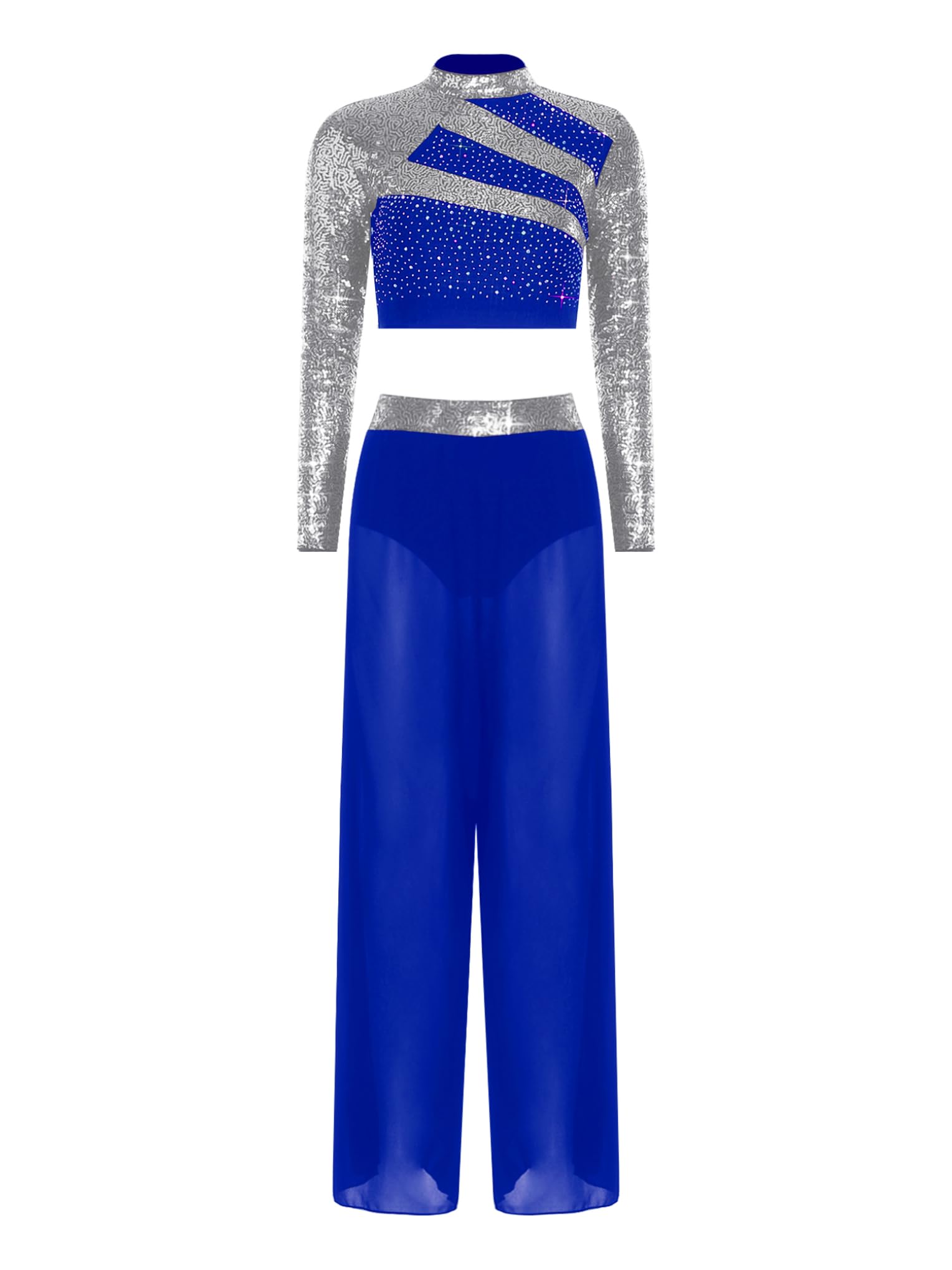 Femme Robe Danse Lyrique Contemporaine Latin Dance Costume Crop Top Pantalon Large Combinaison Gymnastique Rythmique avec Strass Paillettes Tenue Patinage Artistique