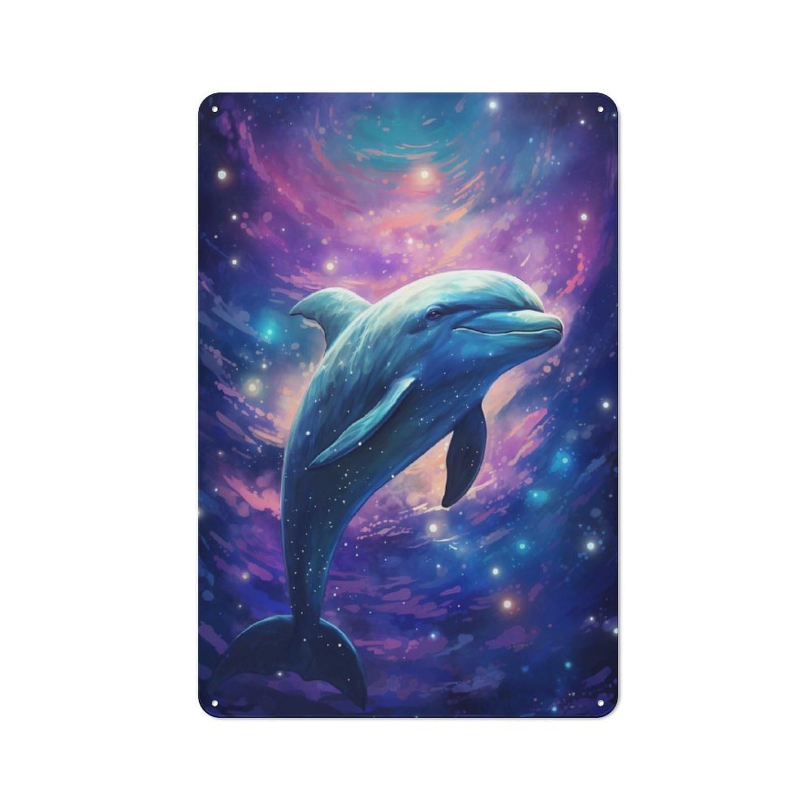 Junmoney Cosmic Fantasy Dolphin Retro-Style Tin Sign 30X20cm For Dining Room Or Kitchen, For Kitchen Wall Decor Lovers