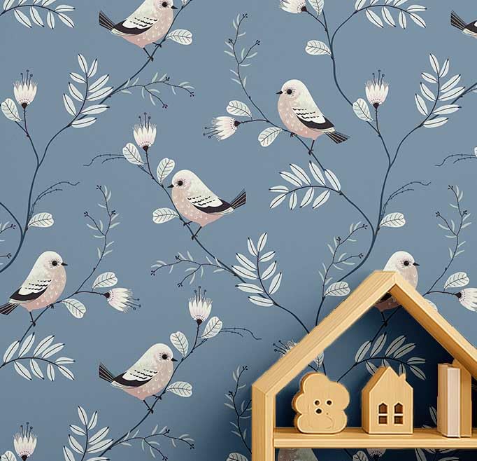 Papier peint oiseaux bleu pour une chambre d'enfant douce et poétique
