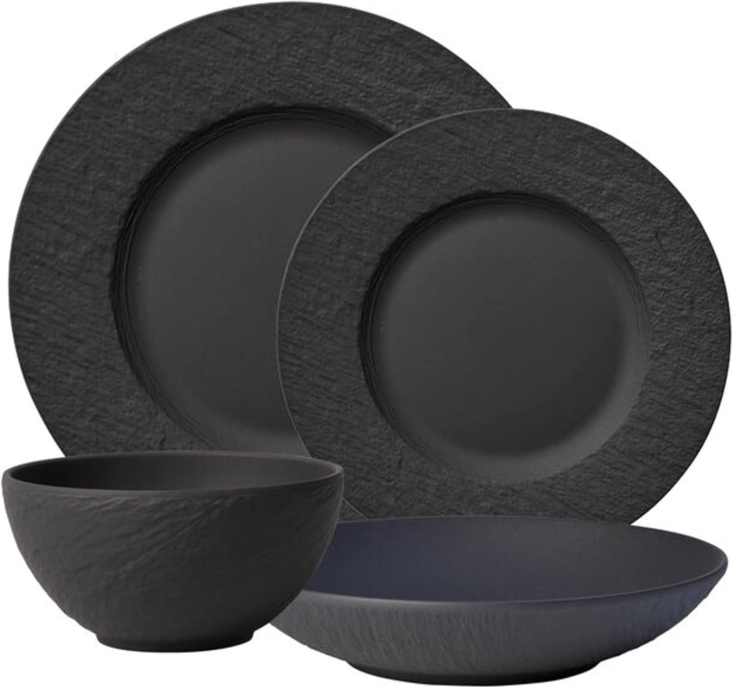 Villeroy & Boch Manufacture Rock 4-Piece Place Setting, Dinner Plate, Salad Plate, Rice Bowl, Pasta Bowl, Premium Porcelain, Made in Germany, Matte Black