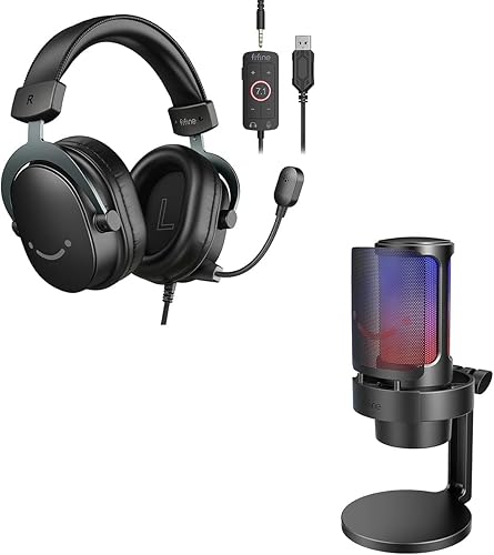 FIFINE Gaming Headset & Mic Kit,USB Condenser Microphone with Quick Mute, RGB Control,3.5mm Monitor Headphone Jack, PC 3.5mm Headset with 7.1