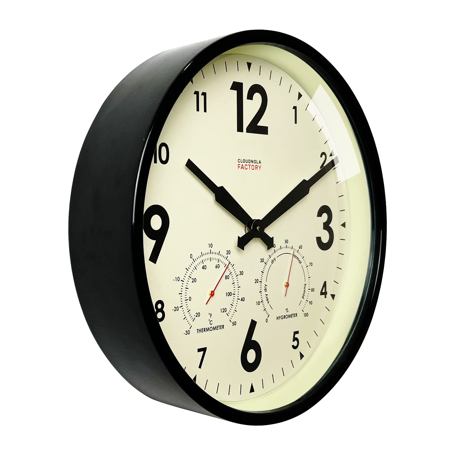 Cloudnola Horloge Murale en métal étanche pour intérieur et extérieur avec thermomètre et hygromètre, Vert, 30,5 cm, silencieuse, sans tic-tac