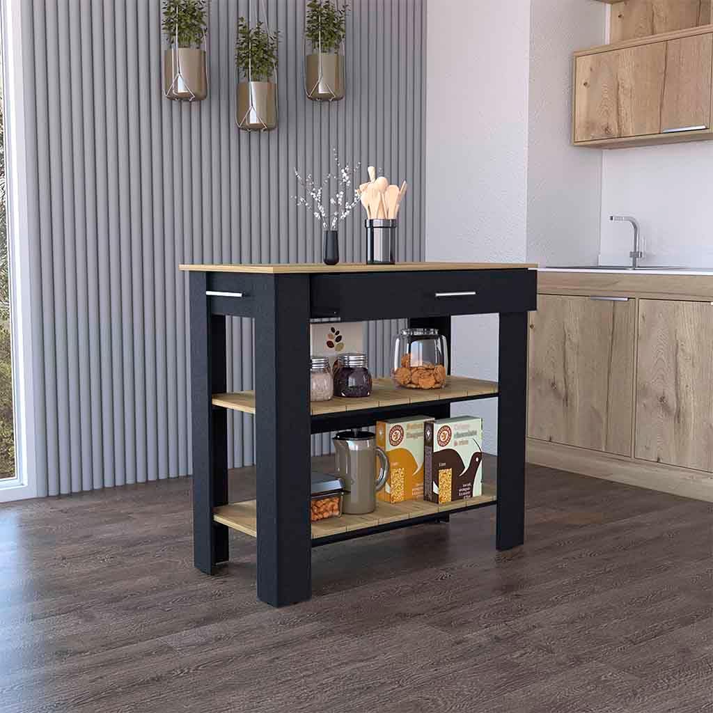 Kitchen Island with Storage, 40-Inch Butcher Block Countertop, Black and Light Oak Finish