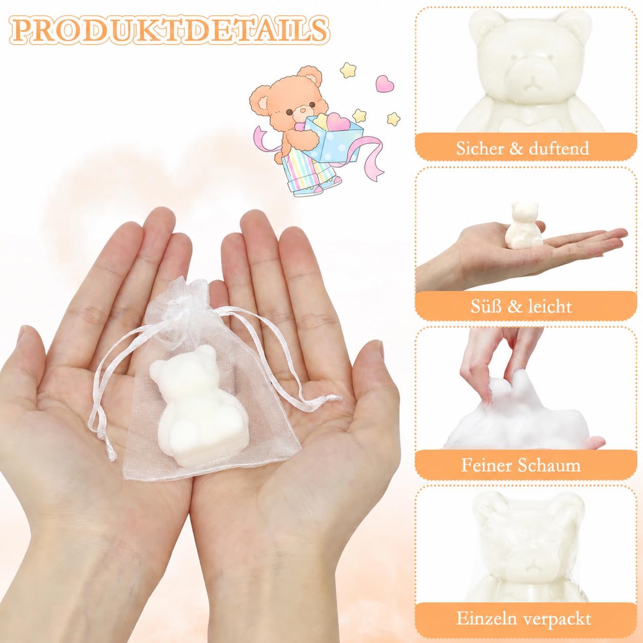 50 unidades Mini Osos Jabón Regalos para Baby Shower, Dulce Fragante Blanco Jabón de Osos para Baby Shower con Caja de Regalo Tarjetas de Agradecimiento, Pequeño Jabón Hecho a Mano para Niños Niñas