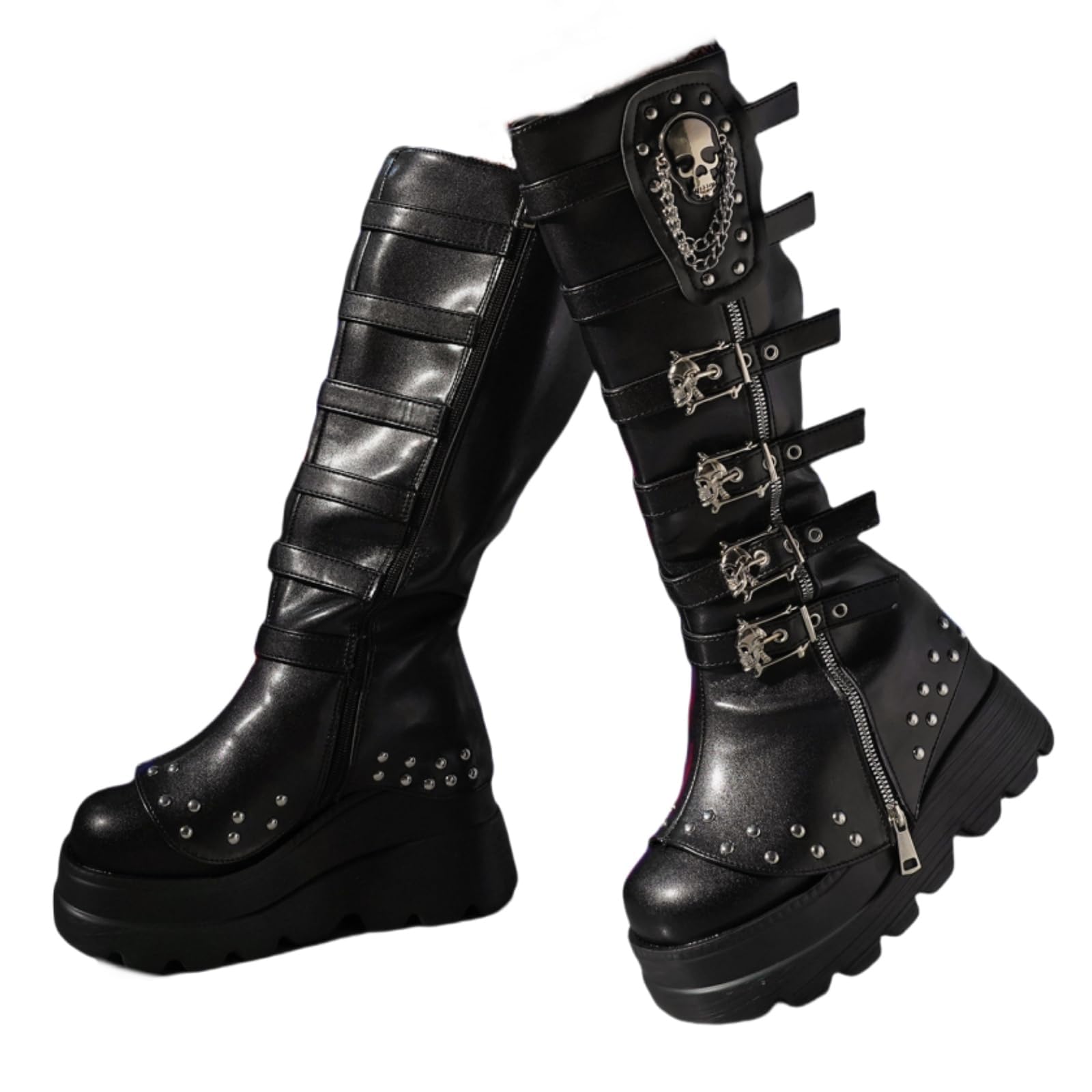 Women Platform Goth Boots Round Toe Wedge Punk Knee High Boots Side Zipper Buckle Chunky High Heel Motorcycle