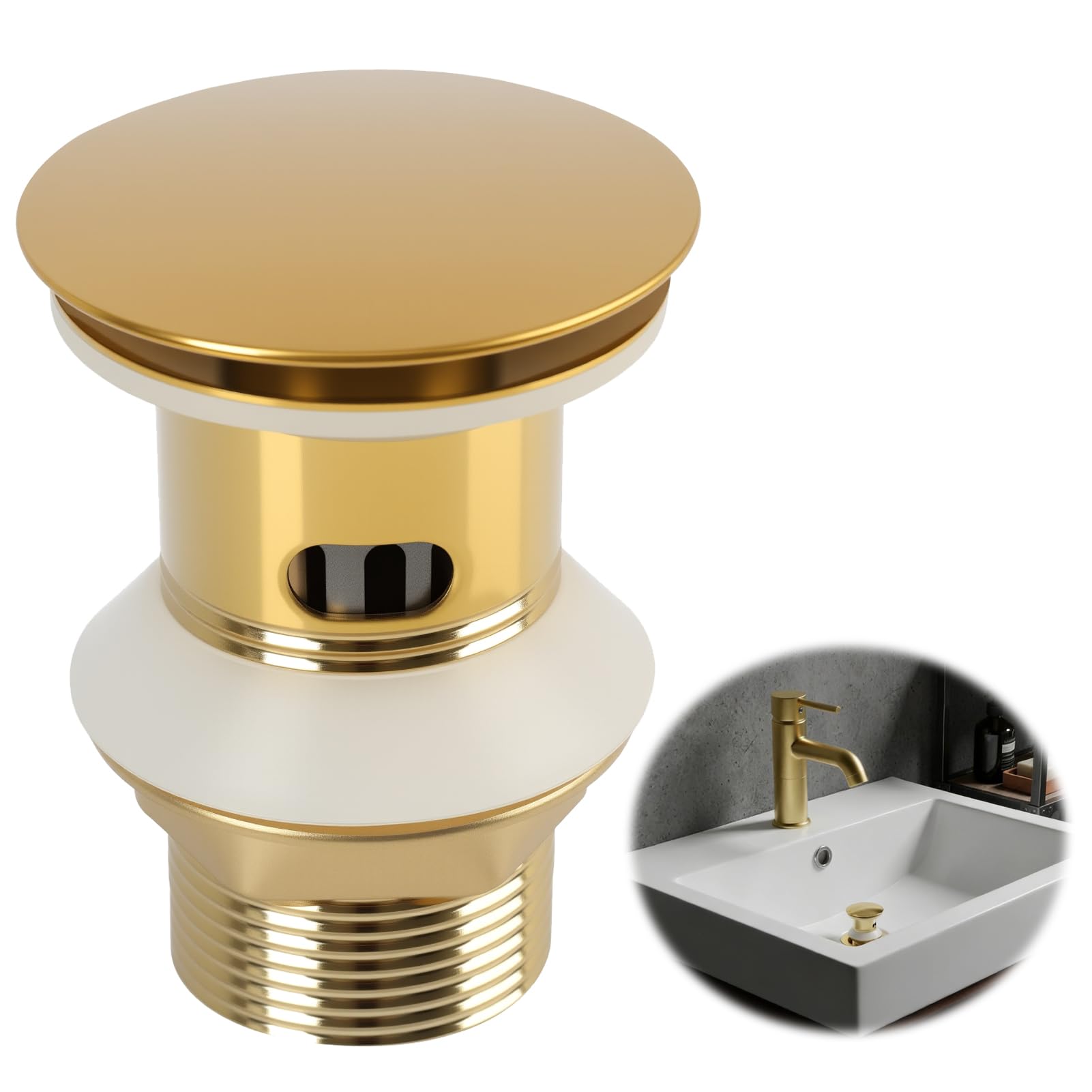 Basin Waste Gold, Gold Pop Up Basin Waste, Slotted Bathroom Pop Up Sink with Overflow, Brushed Click Clack Plug for Bathroom, Vessel Sinks, Easy Install, Leak-Proof, Durable Stainless Steel