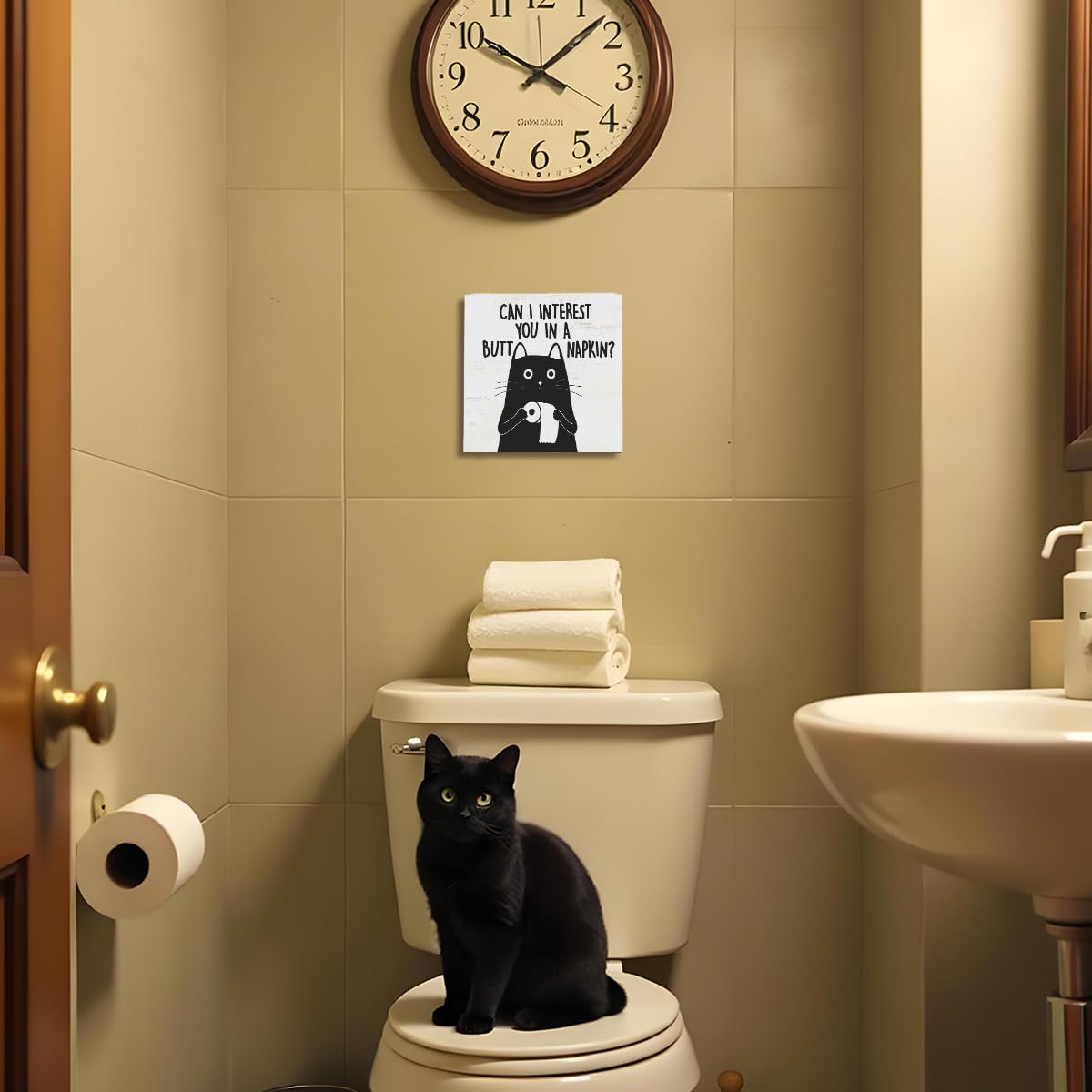 Funny Cat In Bathtub Wooden Sign - 5x5 Inch Black Cat Bathroom Decor