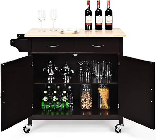 Miniatura 3 de Giantex Isla de cocina, carrito de cocina rodante, encimera de madera, carrito de servicio utilitario con armario de almacenamiento y 2 toalleros