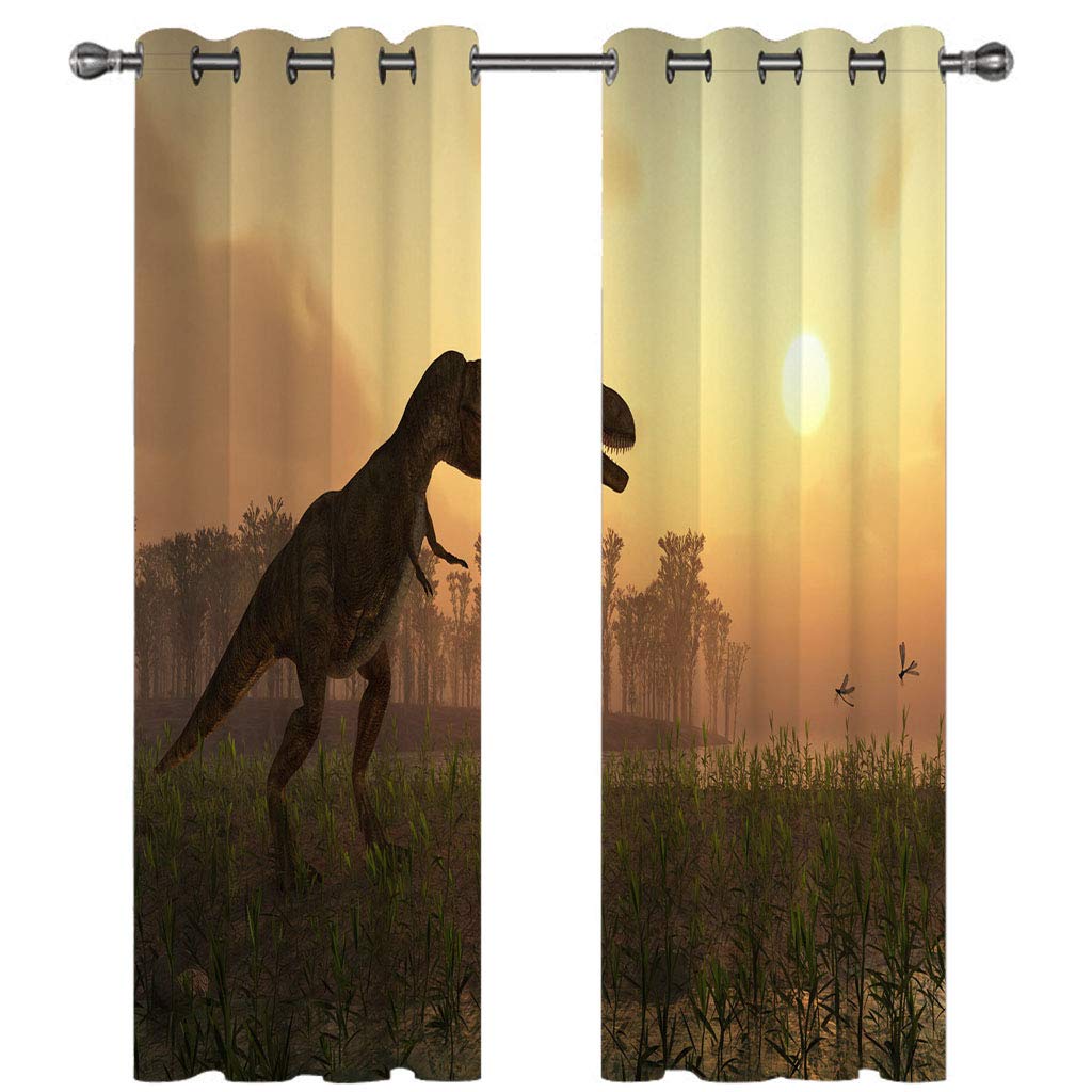 3D Dinosaure Herbacé Coucher De Soleil Rideau Occultant À Oeillets, 234x230 Cm Lot De 2 Décoration Rideaux Isolant Thermique Anti Froid Et Chaleur 100%, Chambre Fenetre Et Salon, pour Maison