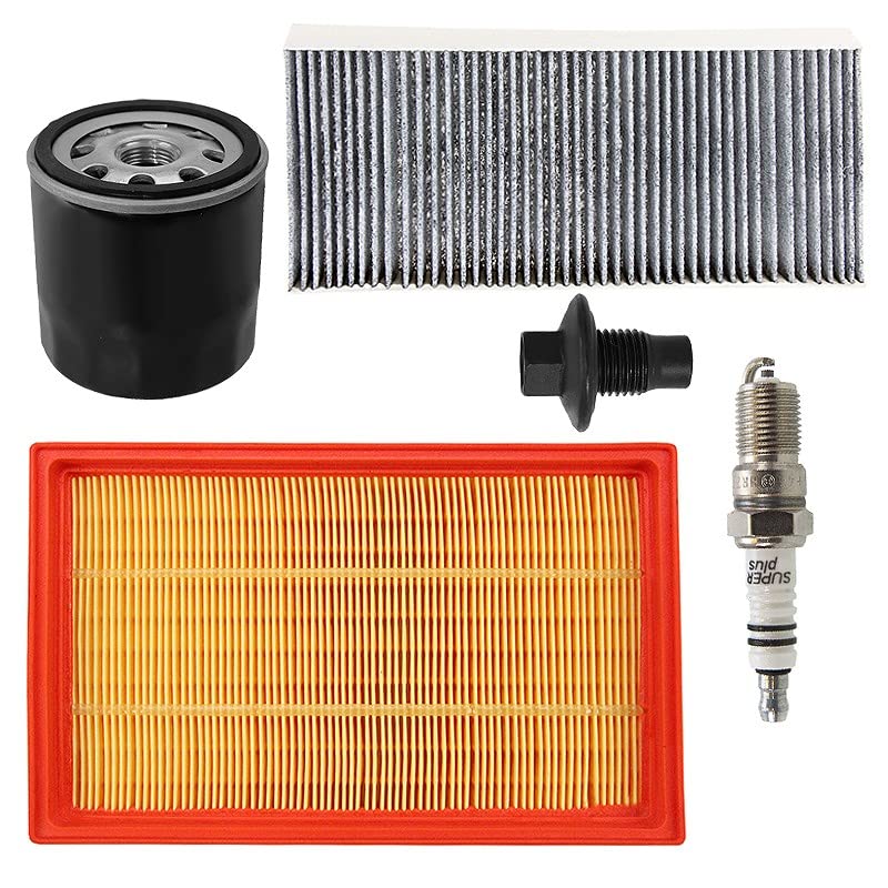 BESTPRICE Set di filtri di ispezione con 1x filtro aria, 1x filtro aria abitacolo (filtro antipolline), 4x candele, 1x tappo di scarico olio Compatibile con FORD KA (RB_)