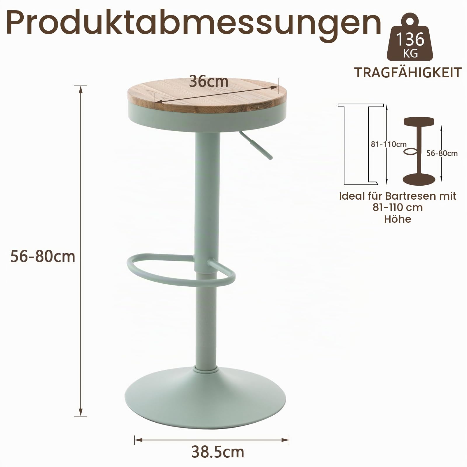 Kidol & Shellder Barhocker 2er Set Minzgrün, Höhenverstellbar 56-80cm, Drehbar, Ohne Lehne, Holz Sitzfläche, Mit Fußrasten, Küchenbarhocker