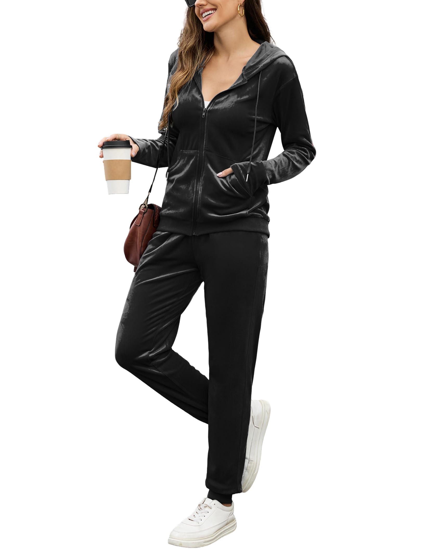 Photo 1 of ***STOCK PHOTO FOR REFERENCE ONLY***Velour Tracksuit Womens Velvet Sweatsuit Winter Warm Zip Up Hoodie Lounge Set With Jacket Black SMALL