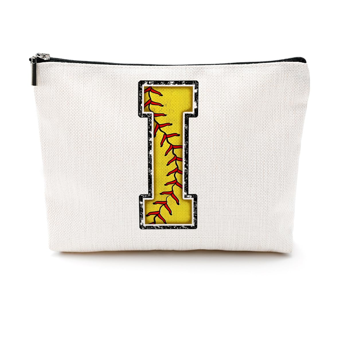 CQM Softball Gifts Initial Makeup Bag Monogrammed Cosmetic Bag Yellow Letter I Zipper Pouch Softball Accessories for Girls Women Player Coaches Friend