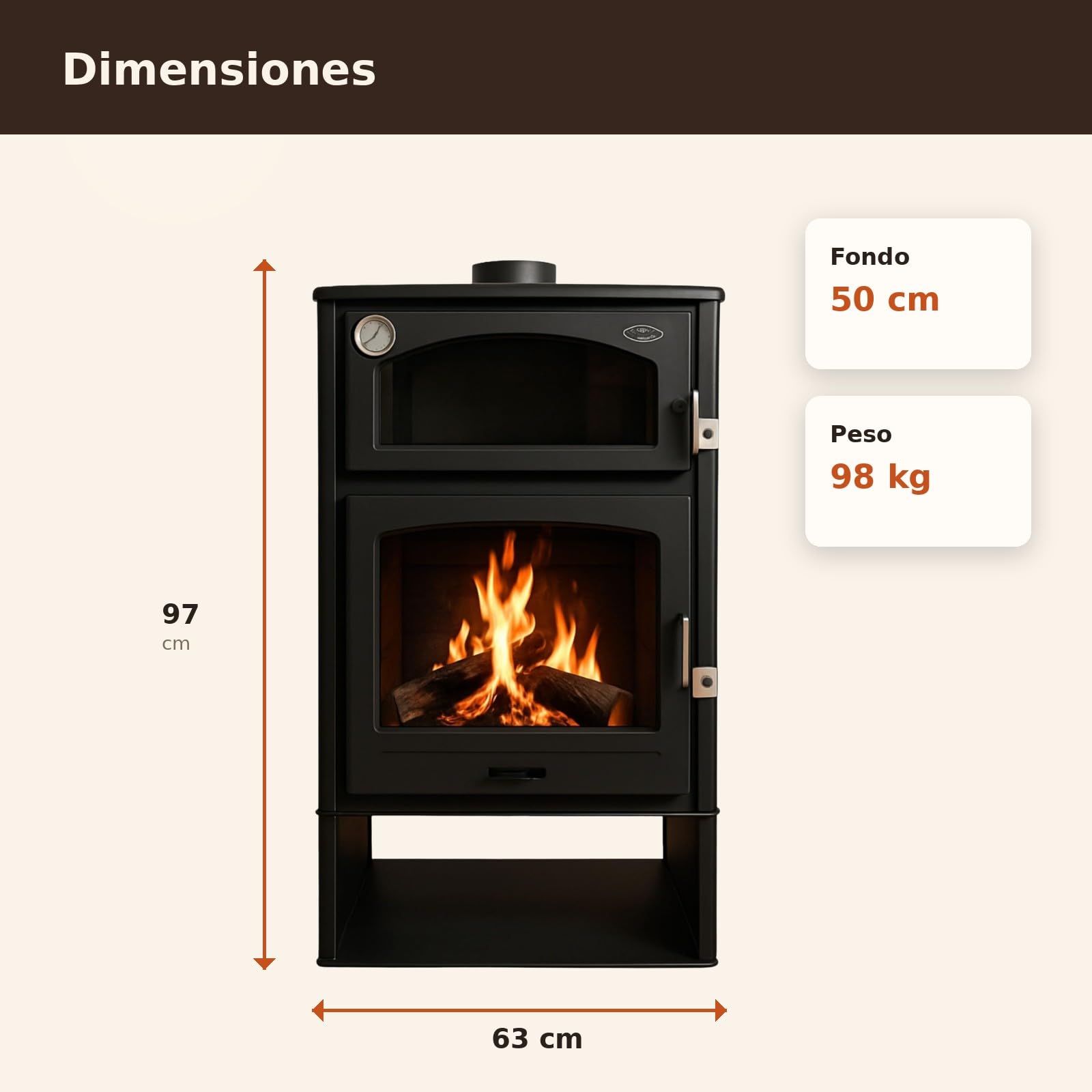 EIDER BIOMASA Estufa de Leña con Horno ASTON – Chimenea de Leña Interior – 10,2 kW (máx. 13,1 kW) – Rendimiento 78% – Hasta 255 m³ – Doble Combustión – Certificada CE
