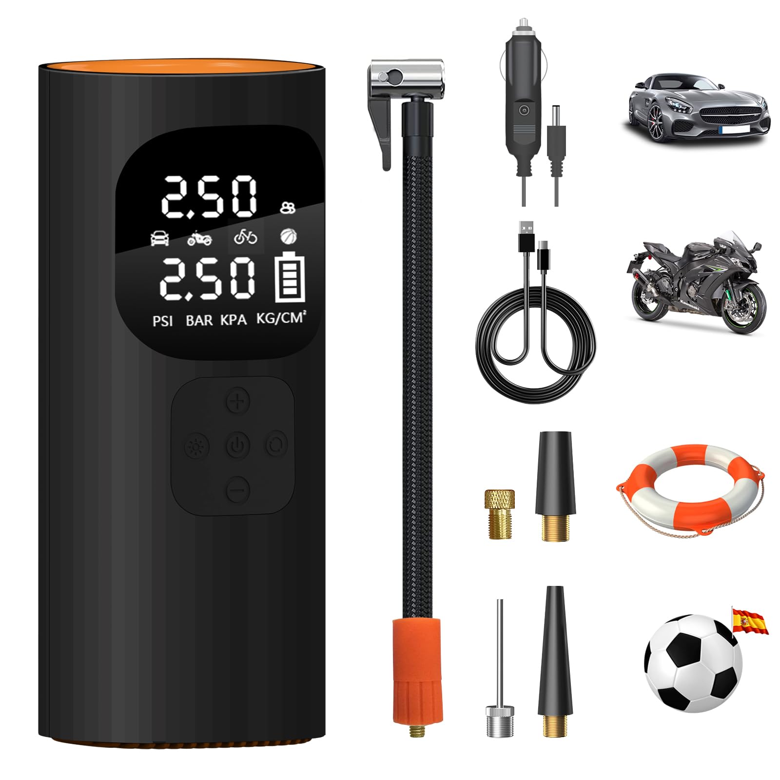 AWESAFE 10000mAh Compresor Aire Portatil 150PSI &Power Bank, Inflador Ruedas Coche Cableado o Inalámbrico con Pantalla LCD Digital y LED SOS, Bomba de Aire Bicicletas, Scooters, Moto, Coche, Pelotas