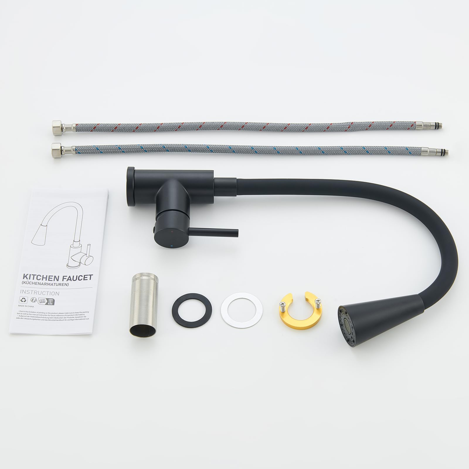 Robinet Cuisine Noir, Mitigeur Cuisine avec Bec Flexible 4 Modes de Réglage, Robinetterie Evier Pivotant à 360° en Acier Inoxydable, Froid & Chaud Disponible