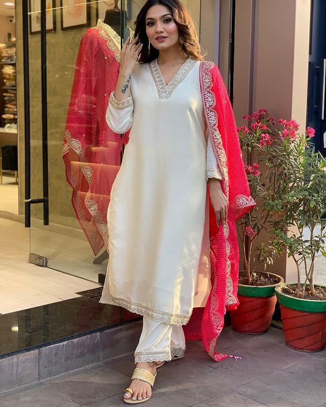 Image of Shiv Textiles Women's Chanderi Silk Embroidered Kurta Pant Dupatta Set(JDA-PANCHHI-OFFWHITE-M)