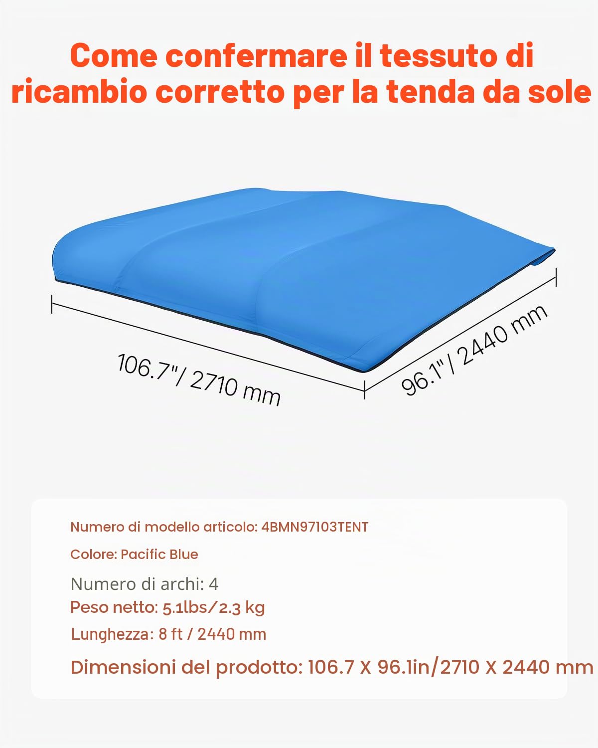 VEVOR Tendalino Parasole per Barche, Telo di Ricambio per Tendalino a 4 Archi 271 x 244 cm per Barche in Tessuto 600D Impermeabile Grado Nautico, Senza Telaio, Solo Telo, Resistente al Vento, Blu