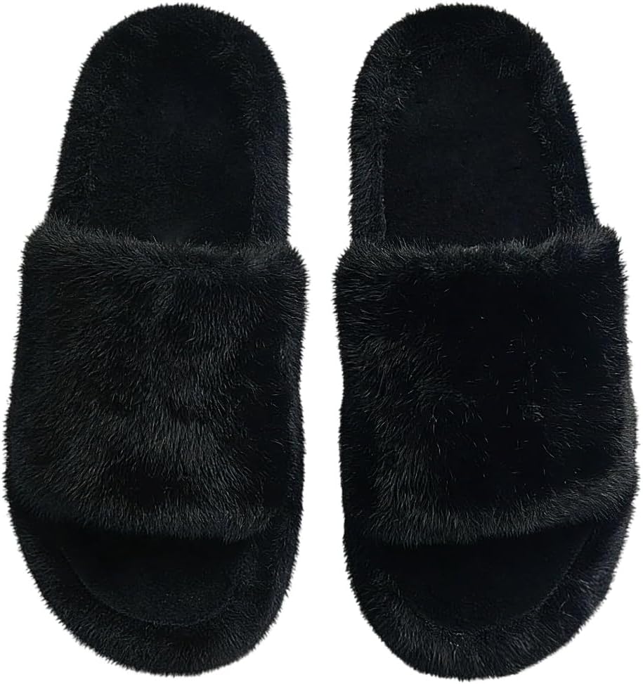 House Slippers for Women - Fuzzy Slippers with Memory Foam Insole, Arch Support, Faux Fur Lining, Open Toe Design, Lightweight, Non-Slip Sole, Machine Washable, Slip-On Style