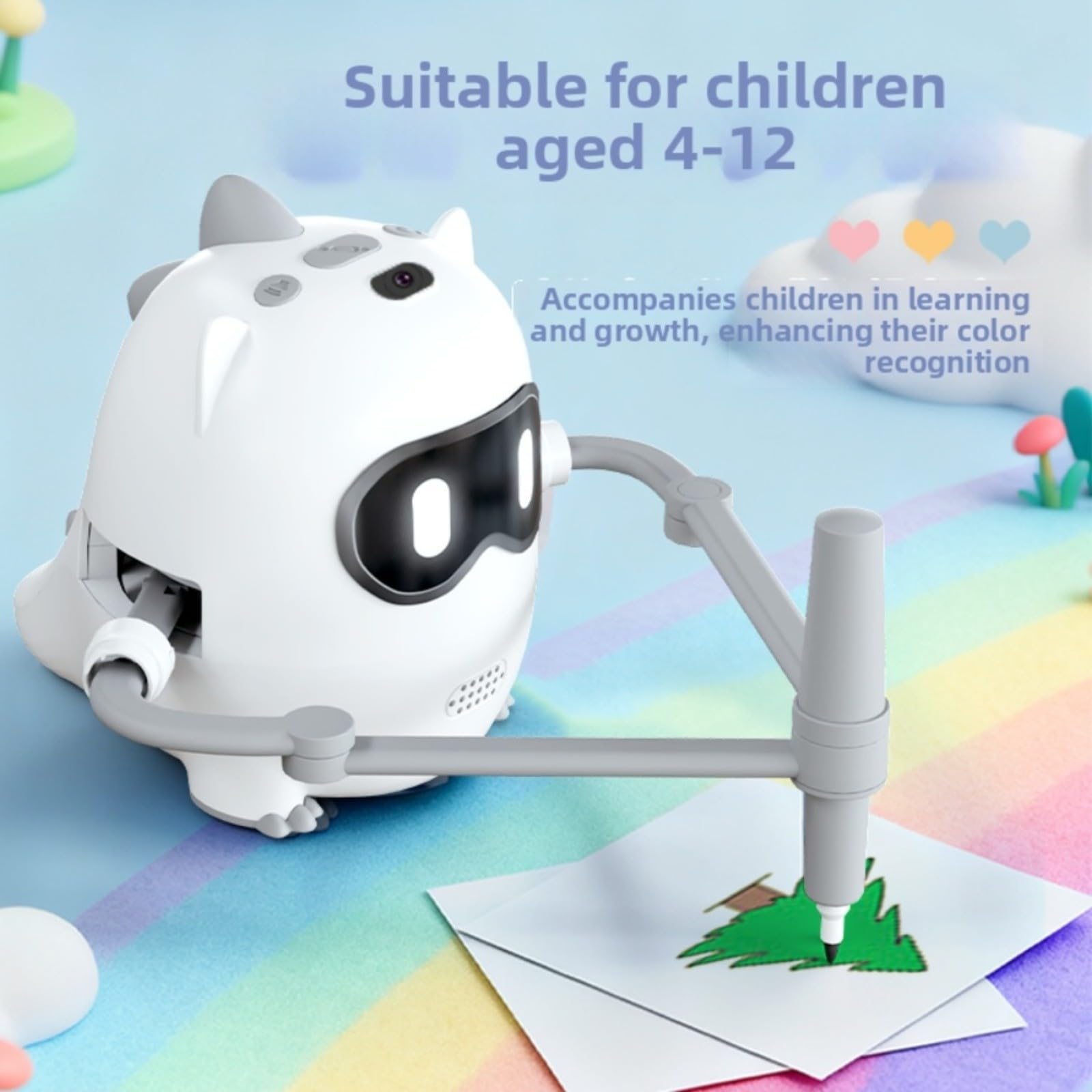 Robot da disegno intelligente con riconoscimento della fotocamera, macchina educativa interattiva per bambini, include 100 carte e 22 penne, materiale ABS per apprendimento domestico (bianco)