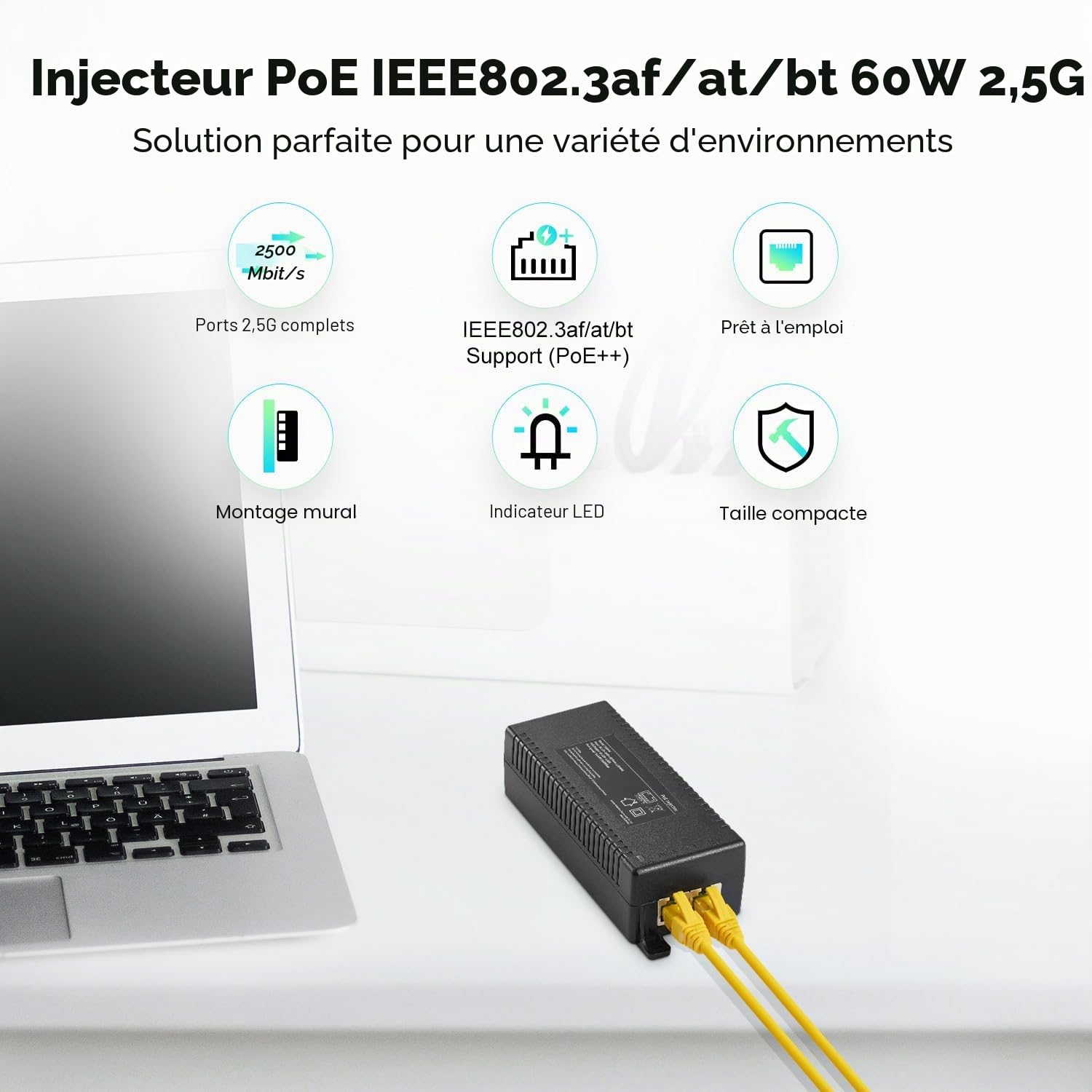 Injecteur PoE+ 2,5 Gigabit 60 W, adaptateur PoE YuLinca conforme à 802.3af/at/bt, 100/1000/2500 Mbps, Plug & Play, distance jusqu'à 100 mètres