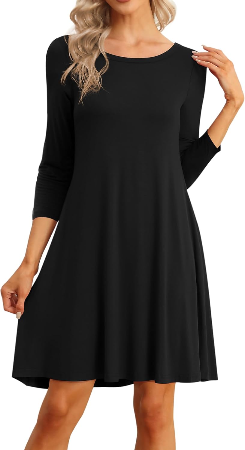 VIISHOW Womens Round Neck 3/4 Sleeves A-line Casual Tshirt Dress with Pocket