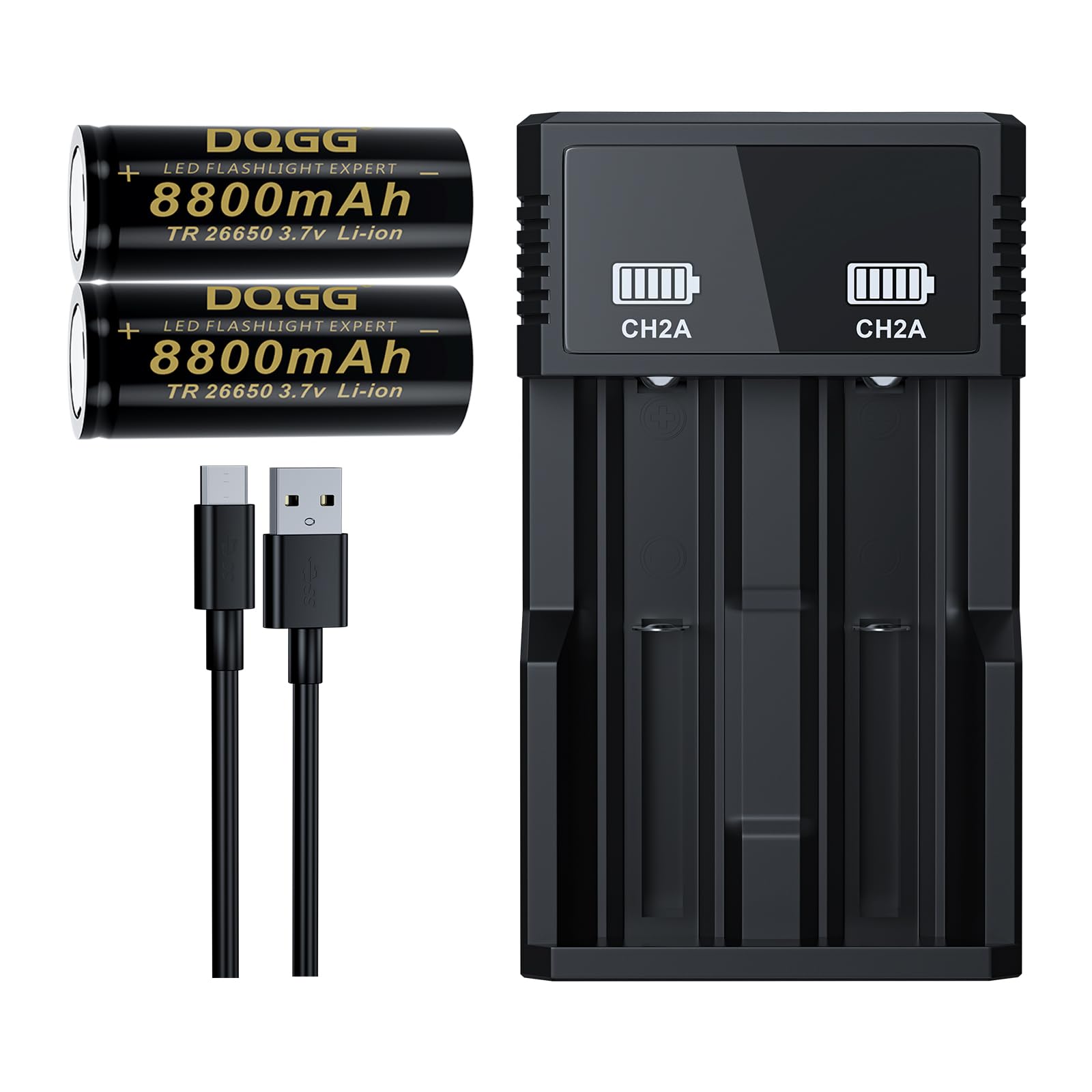 ABCTOY 26650 Rechargeable Battery 3.7Volt Large Capacity 8800mAh Flat Top for Flashlight Headlamp (26650 Battery+Charger,2 Pack)