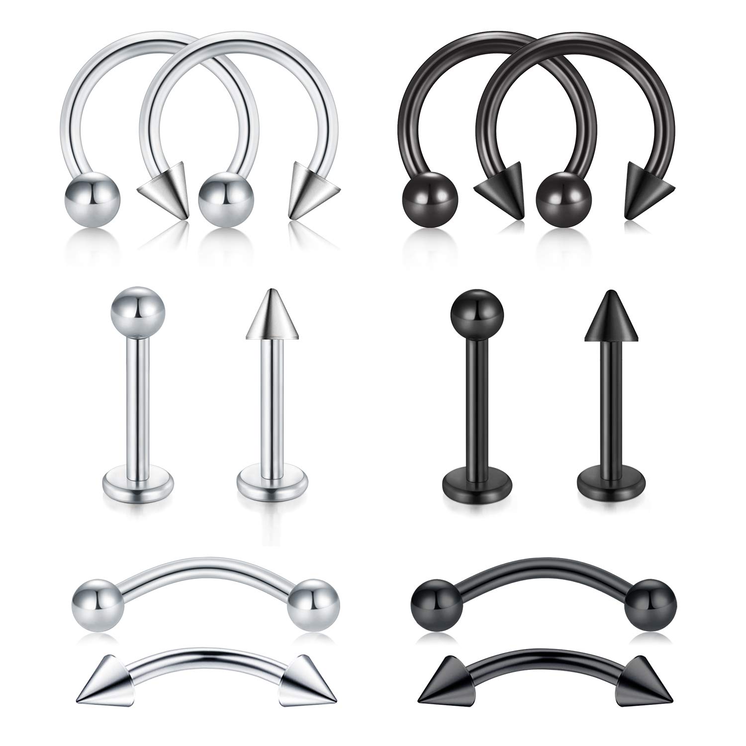 LAURITAMI12pcs Pendientes Piercing Ceja Tragus Helix Aros Perno 8mm 16G Nariz Helix Acero Inoxidable Rook Curvado Bolas Herradura Labio Labret Piercing Joya