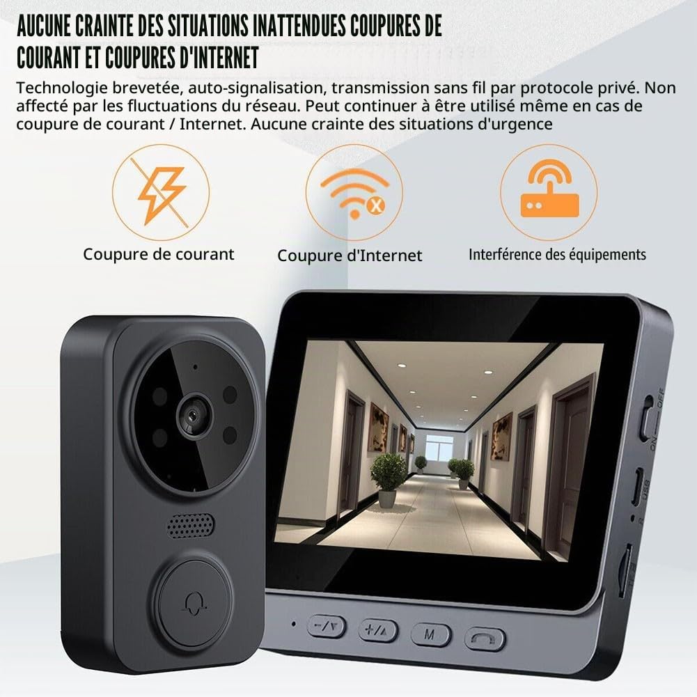 FACAIIO Sonnette vidéo sans fil avec écran IPS de 4,3", interphone bidirectionnel, vision nocturne, détection de mouvement, stockage de carte SD, signal longue portée, noir