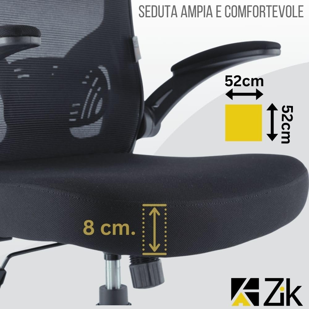 ZIK - Sedia Ergonomica da Ufficio, Scrivania, con Supporto Lombare e Regolazione Schienale, Sedia da Ufficio con Rotelle e Braccioli Reclinabili, Poggiatesta Oscillante e Regolabile